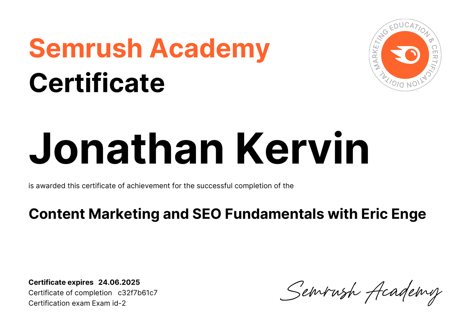 SEM Rush Academy Content Marketing and SEO Fundamentals Certification