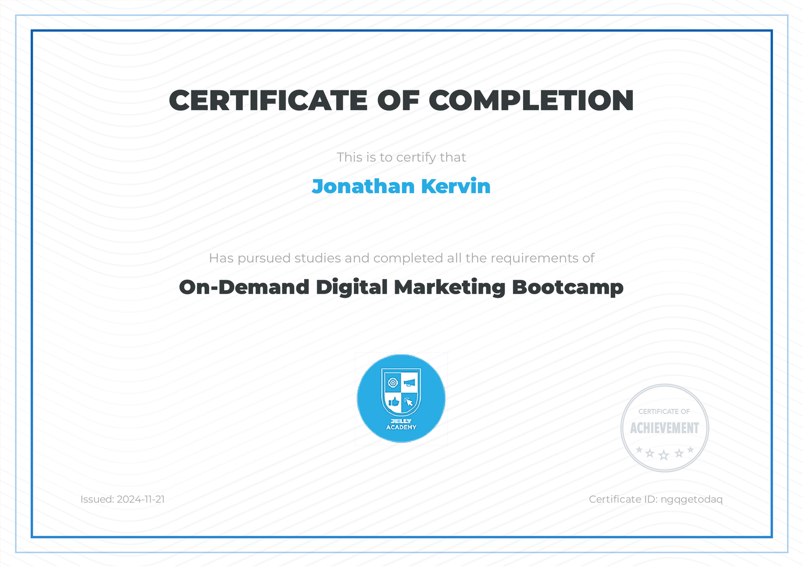 Jelly Academy Digital Marketing Bootcamp Certification